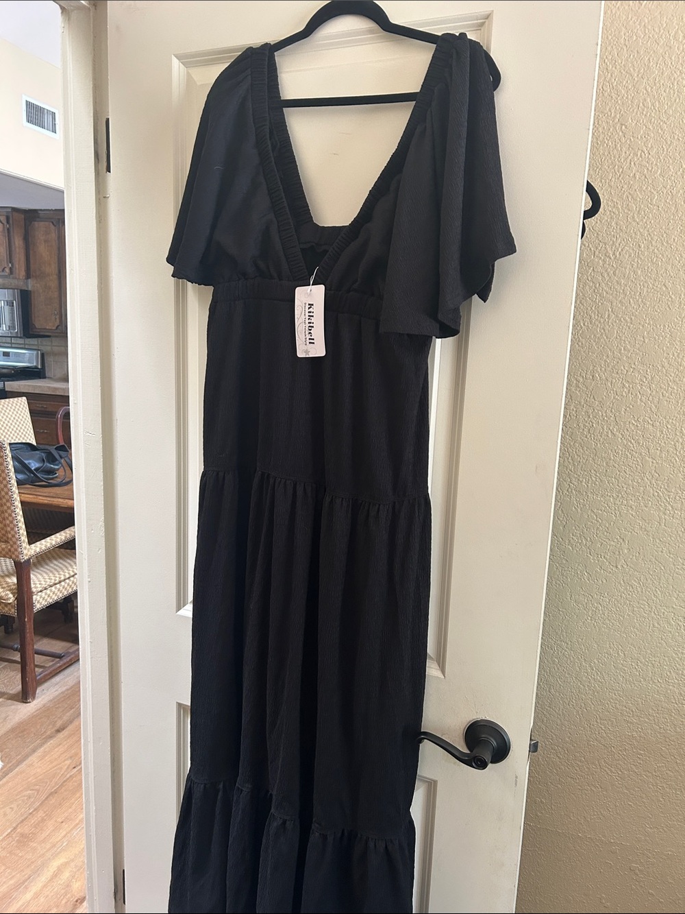 Black V-Neck Tiered Maxi Dress with Flutter Sleeves - Rails